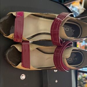 Aldo Beige and Burgundy Patent Strap Sandals